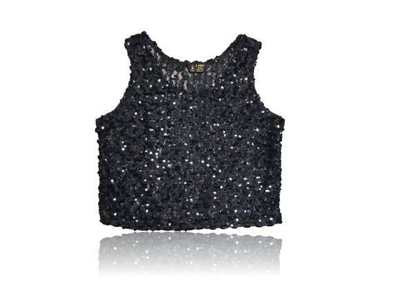 80s Sequin Netted Transparent Top Black // A Brod… - image 1
