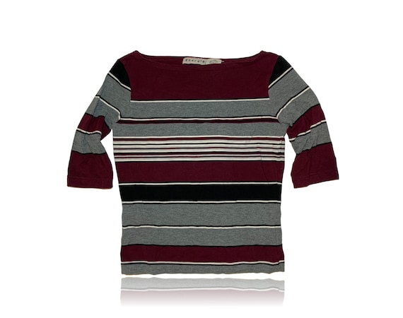 90s Striped Top Gray Maroon Black 3/4 sleeves // Size Large // Energie