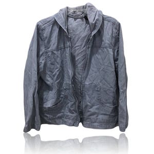 May include: A light blue hooded jacket with a zip fastening and two front pockets.
