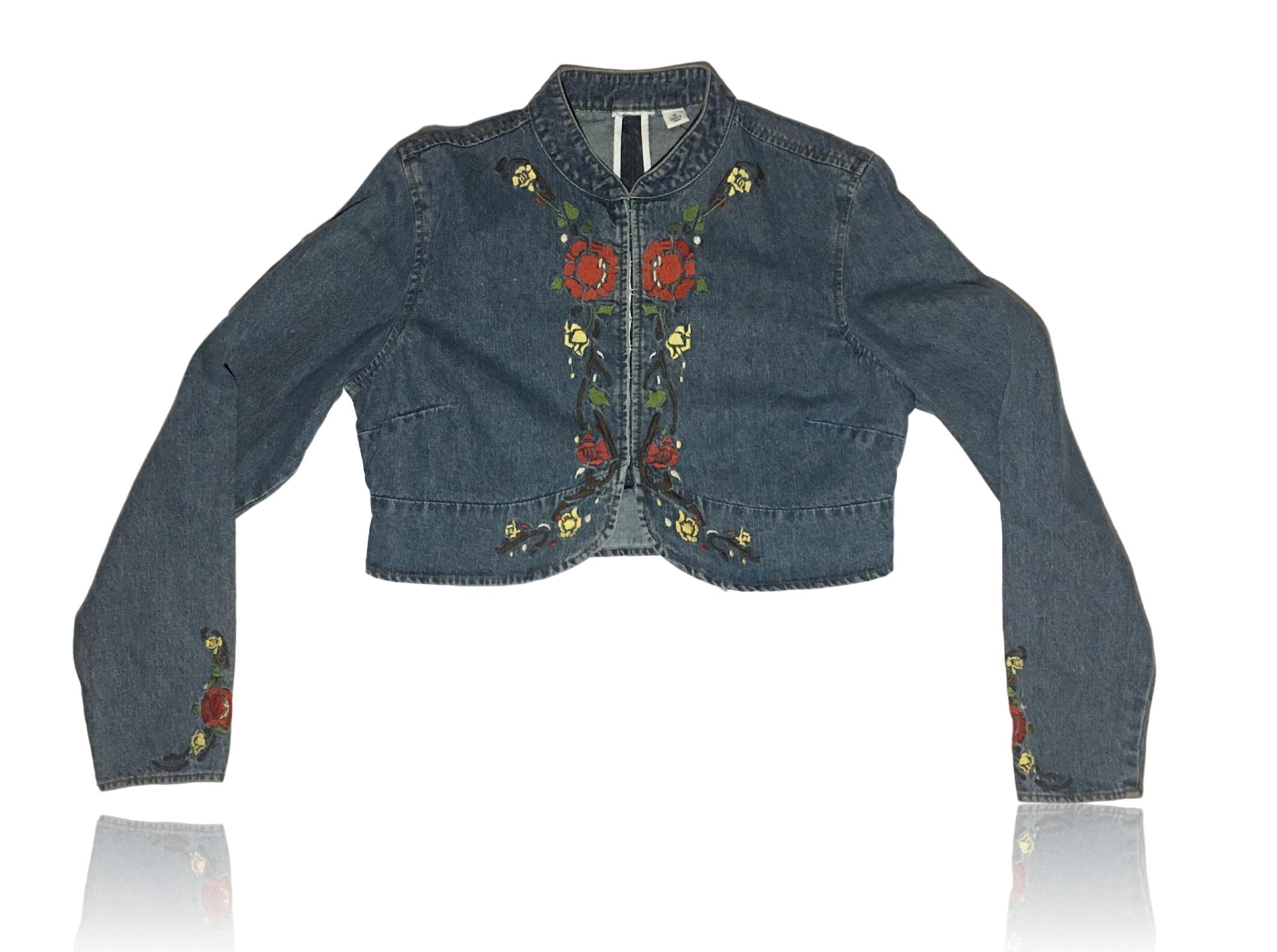 90s Cropped Embroidered Denim Jacket, Folk Floral, Medium - Etsy