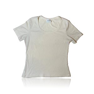 90s Cream Textured Stripes Short Sleeve Top // Donna