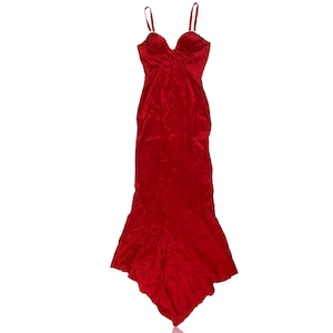 90s Red Jeweled Sweetheart Neckline Spaghetti Strap Evening Gown // Full Length Cocktail Dress with Train // Size 4