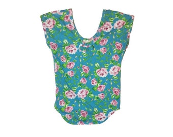 90s Victoria's Secret Bright Aqua, Pink, and Lime Floral Angled Cut Top // Small Bow Center of Neckline // Size Small