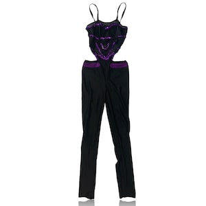 90s Black Cutout Jumpsuit Festival Wear // Purple Sequins // Triangle Top Waist Side Cuts // Rave Wear // Small