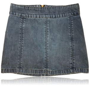 Pu&ograve; includere: Una gonna di jeans di colore blu chiaro con una cerniera in alto. La gonna ha una silhouette dritta e un orlo leggermente svasato.