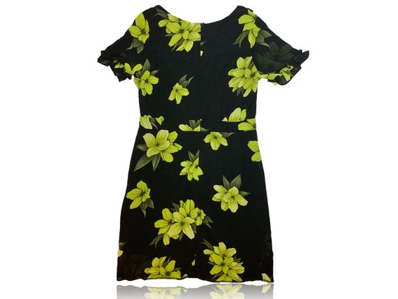 90s Black and Yellow Green Floral Mini Dress // T… - image 3
