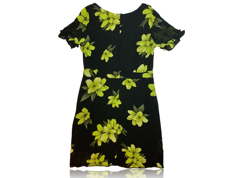 90s Black and Yellow Green Floral Mini Dress // Transparent Layered // Sala // Size Medium image 3