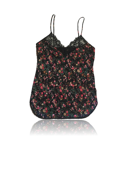 90s Floral Satin Black and Shift Slip Dress // Ro… - image 1