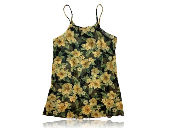 90s Black and Yellow Floral Transparent Mini Dres… - image 1