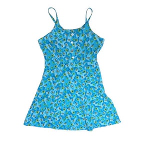 90s Bright Florescent Blue Floral Mini Skater Dress // 5 7 9 // Size 3