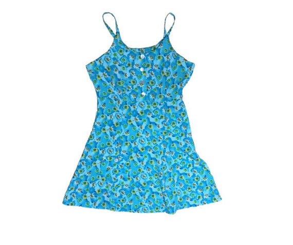 90s Bright Florescent Blue Floral Mini Skater Dress // 5 7 9 // Size 3