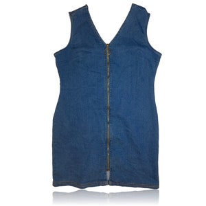 90s Vintage Denim Zip Front Mini Dress // Sleeveless //  Chesley