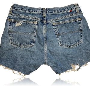 90s Tommy Hilfiger Classic Wash Denim High Waisted Shorts // Distressed Ripped Denim // Size 7