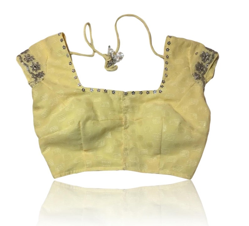 Pale Yellow Beaded Sari Crop Top // Floral Beaded // Indian Saree Sari Blouse // Padded // Back Tie // Taille XS / Small image 1