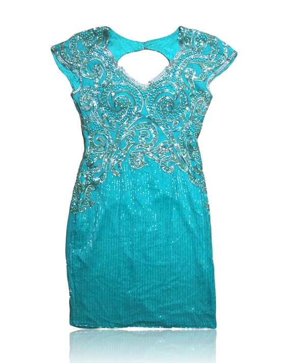 80s Aqua Beaded Sequin Dress, Padded Bra Cocktail Mini (size 9/10) - Etsy  Finland