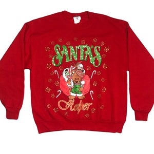 Vintage Christmas Sweatshirt Crewneck Red Santas Helper //  Glitter Lettering // Ugly Christmas Sweater Party Holiday Sweater // Size Large