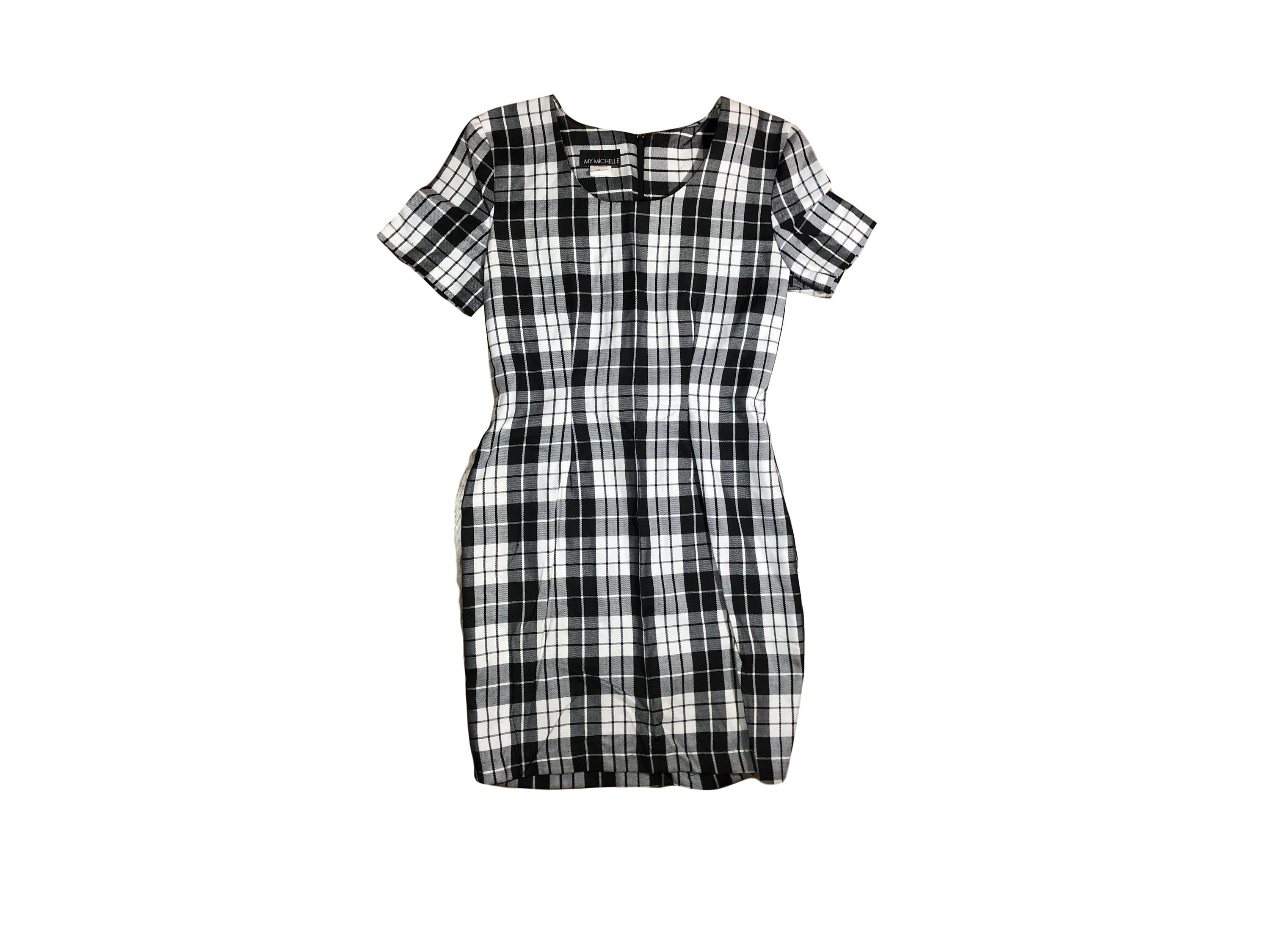 90s Black and White Plaid Bodycon Dress // My Michelle // Size 9/10