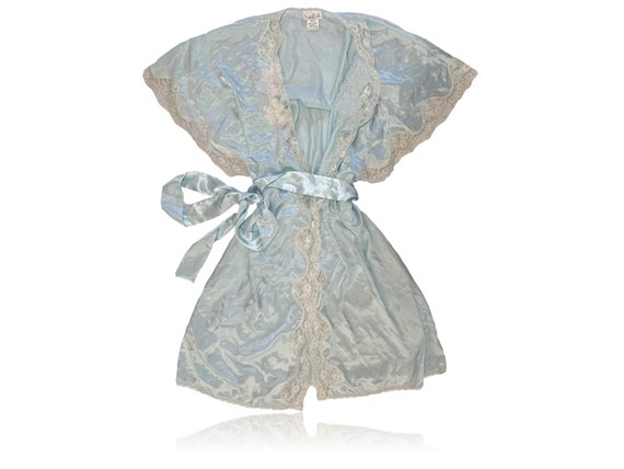 80s Pastel Baby Blue Satin Bed Jacket Robe // Cre… - image 1