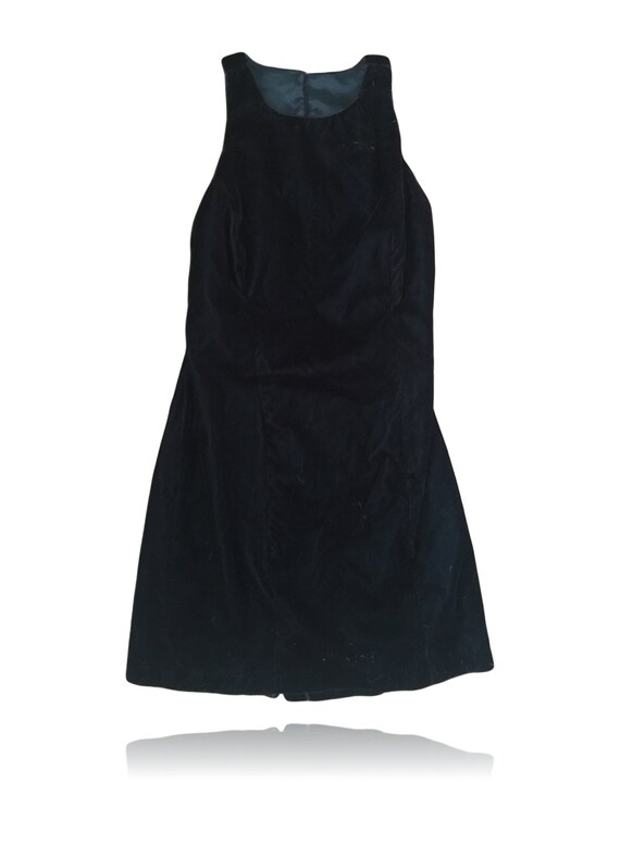 90s Open Back Black Velvet Mini Dress //Buttons a… - image 3