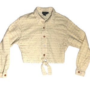 90s Cream Floral Button Down Crop Top // Tie Front Button Down // J. McLaughlin // Size 10