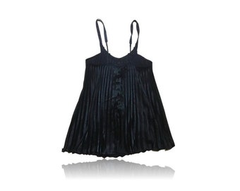 Black Pleated Satin Mini Dress Night Gown // Babydoll Cut //  Victoria&#39;s Secret // Size Small
