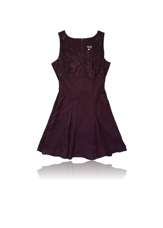 90s Burgundy Mini Dress, Floral Satin A-Line, Size 3/4