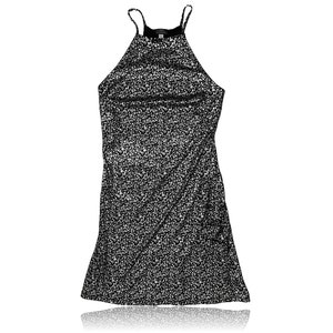 90s Black Silver Metallic Pixels  Mini Dress // A-Line High Neck Halter // Hot Kiss // Size Small