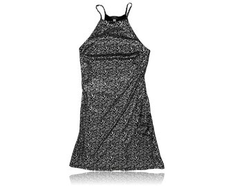 90s Black Silver Metallic Pixels  Mini Dress // A-Line High Neck Halter // Hot Kiss // Size Small