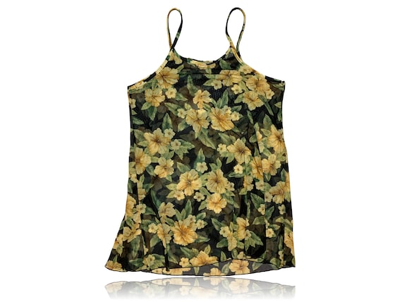 90s Black and Yellow Floral Transparent Mini Dres… - image 2