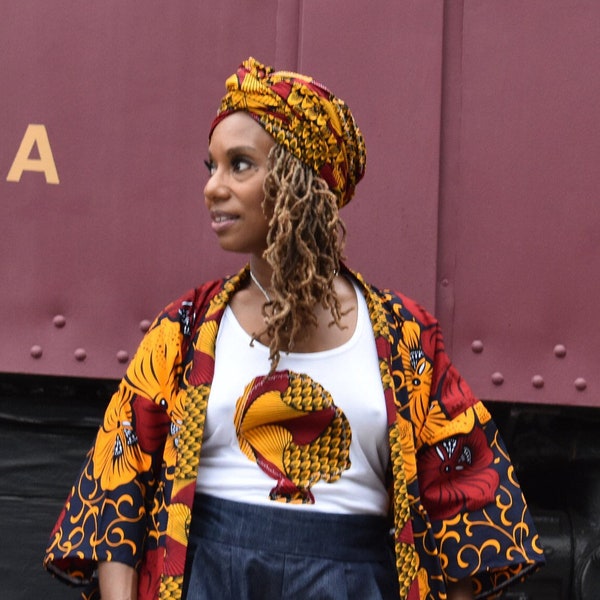 TANK TOP and HEADWRAP Set  / Goddess Tank Top / LiLiGirl Tank Top / Coordinates with Red Gold Circle and Floral Kimono