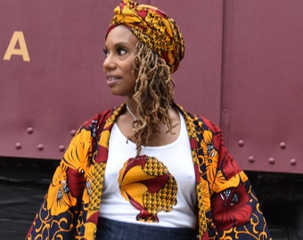 African Boho Tank Top with Headwrap, Floral Kimono Coordinate, Goddess Design