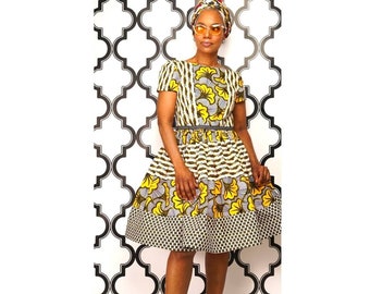 Stella African Print Dress, Yellow Floral Open Back Short Sleeve Dress, Vintage Short sleeve Dress, African Clothing for Women