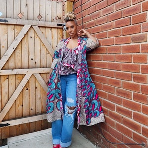 Harusi Mdii African Print Kimono, Short Sleeve Below Knee Kimono,   Plus Size Kimono, Short Cotton Kimono,  Midi Duster Coat