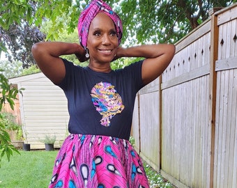 Sequin Afro-Girl T-shirt: Handmade Cotton Short Sleeve Tee