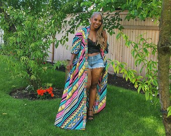 Harusi Kimono, Floor Length Yellow Aqua and Pink Mix Print Kimono, African Outfits for Women, Alpha Kappa Alpha, AKA Duster