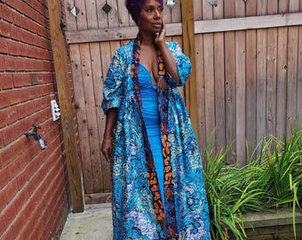 Sequin Embroidered Bridal Kimono: African Print Duster Robe