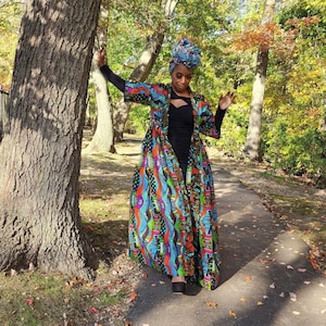 Handmade African Wax Kimono Jacket: Aqua Black Multi Color Ankara Duster