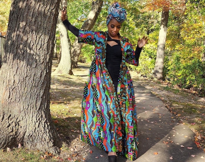 Featured listing image: Handmade African Wax Kimono Jacket: Aqua Black Multi Color Ankara Duster