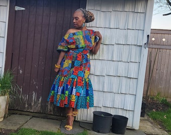 Funika Dress, African Print Dress,  African Dress for Women, Plus Size African Print Dress, Orange, Blue and Green Mix African Print Dress