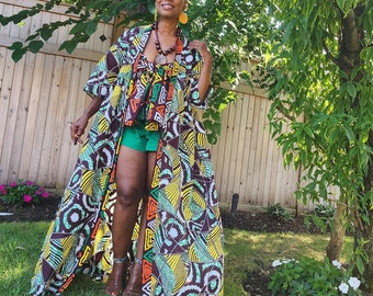 Harusi Kimono, Brown Yellow White Green Abstract Print African Kimono Midi Full-Length