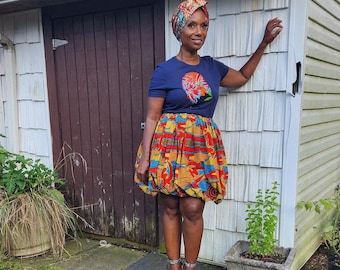 Embroidered Afro Girl T-shirt: Navy Blue African Print Fitted Tee Special Value