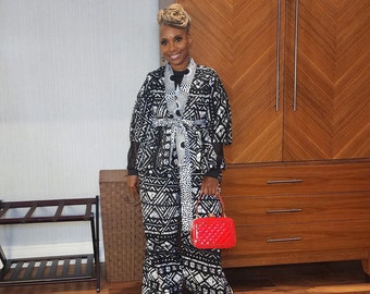 African Print Kimono Jacket: Black and White Wax Fabric Top