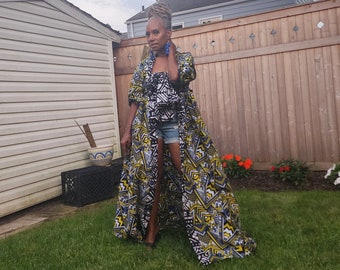 Neon Green Wax Print Kimono Robe, African Duster Dress
