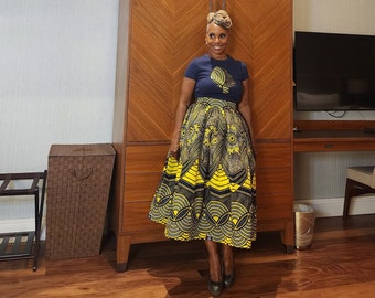 Liiliigiirl Belle Skirt Set | High Waist Yellow Navy Midi Skirt with Matching Afro girl T-Shirt