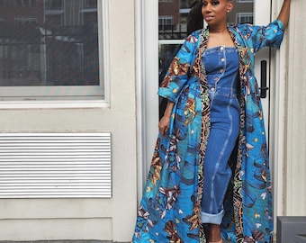 Harusi Kimono, Floral Glitter African Wax Kimono for Women, Maxi Duster Coat, Ankara Robe, Modest Church Dress, Mother of the Bride Dress