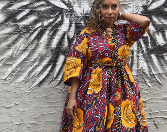 Plus Size Floral Kimono: Red & Gold African Wax Print, Midi Length