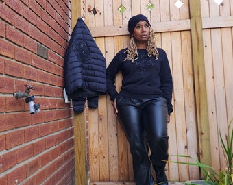 Liiliigiirl Black Sequin Midweight Quilted Puffer Jacket with Lace Trim