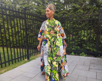 Harusi Kimono, Floor Length  Royal, White and Green Mixed Print Kimono, African Outfits for Women, African Dresses for Women