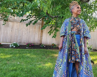 Harusi Kimono, Midi or Floor Length Blue and Yellow Glitter Wax  Mix Print Kimono, African Outfits for Women, African Dresses for Women
