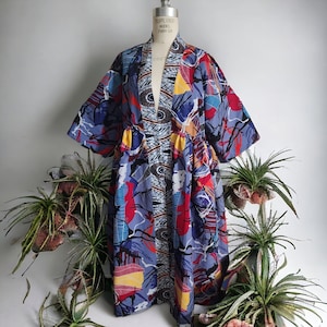 Harusi Midi African Print Kimono, Below Knee Kimono, Plus Size Kimono, Short Cotton Kimono, Grey, Pink and Navy Mix Print Kimono image 1